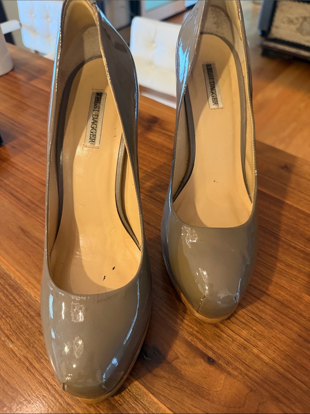Kelsi Dagger Taupe Patent Round-Toe Platform Heels